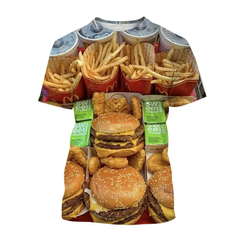 Food Graphic Burger Fries 3D Harajuku Print Fun Casual Men\'s And Women\'s Personality Hip Hop Street O-Neck Short Sleeve T-shirt