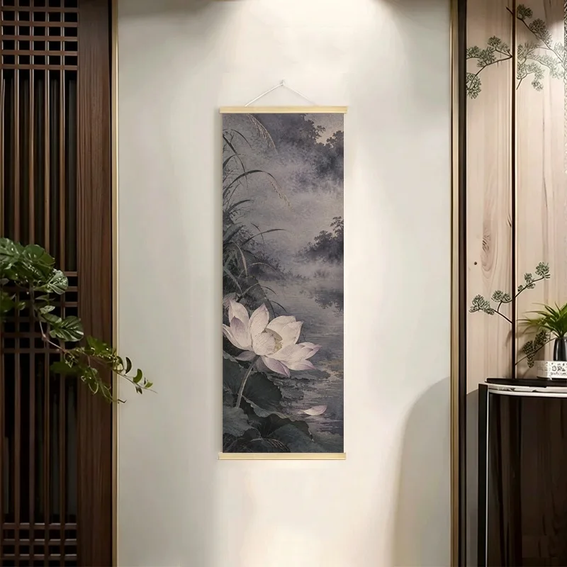 Flowers and Flying Birds Hanging Scroll in a Moody Purple Botanical Ink Wash Landscape Style for a Quiet Bedroom Retreat