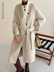 [LANMREM] Stand Up Collar Tied Single Row Multi Button Off Shoulder Sleeves Solid Color Wool Double-sided Cashmere Coat New