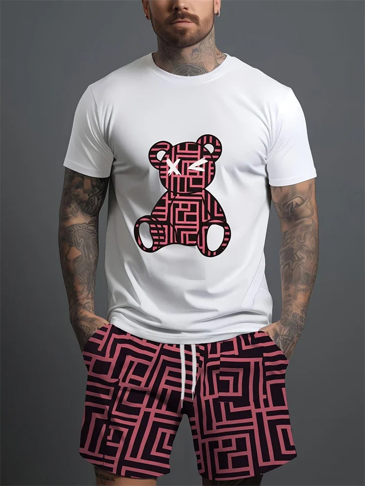 2025 Loose Quick-dry Mens Short-sleeved Hip-hop Bear Pattern Print Suit Summer Casual Short-sleeved Trend Breathable Sports Suit