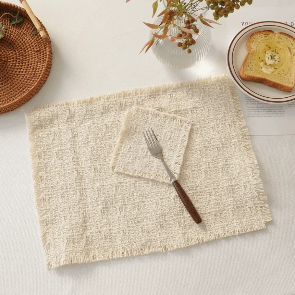 High Quality Beige Color Cotton Placemat Soft Square Shape Table Mat Cotton Photo Props