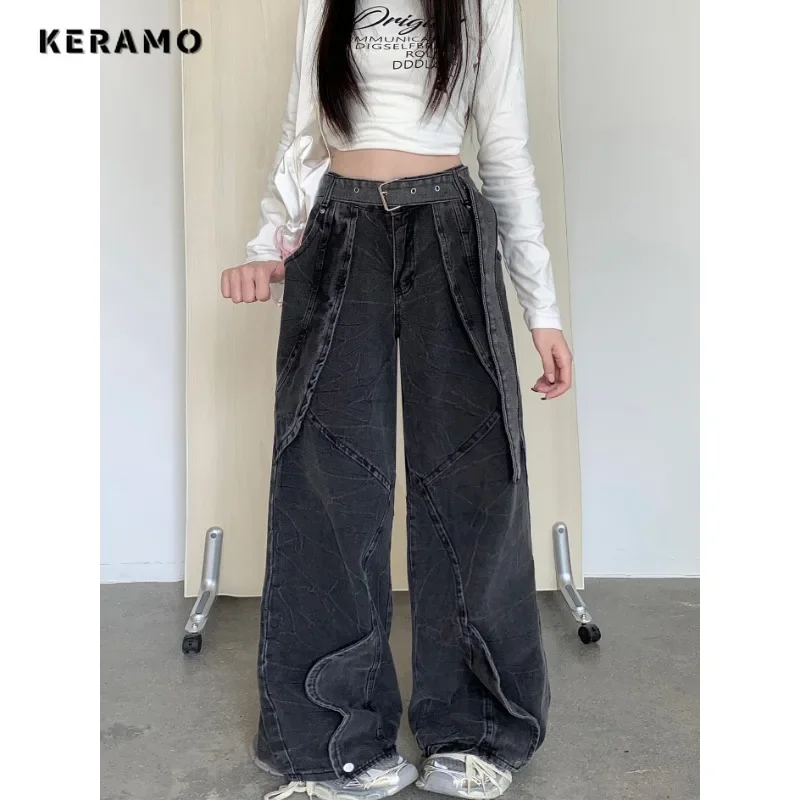 Grunge Street Jean Pockets Hip-hop Baggy Mop Belted Pants Women's American Retro High Waist Emo Casual Y2K Washed Denim Trouser