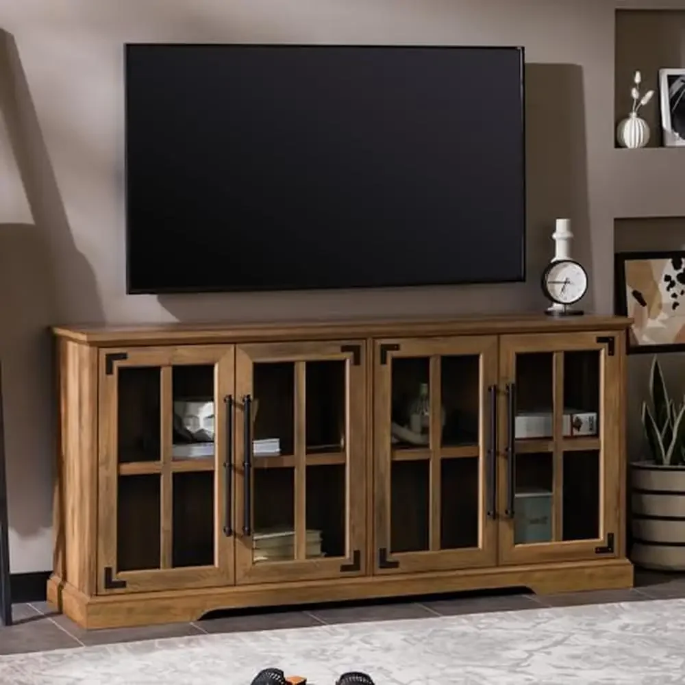 Rustic Farmhouse TV Stand Wood Cabinet Glass Doors 64