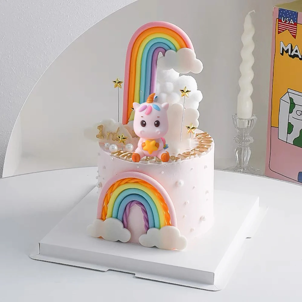 Unicorn Star Cake Toppers Colored Rainbow Clouds for Birthday Rainbow Themed Cake Decoration Girl\'s Years Old Party Supplies