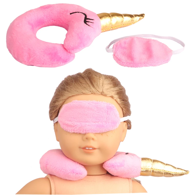 Doll Accessories Neck Pillow+Eye Mask Set Cute Unicorn Plush Heart Neck Pillow Suit For 18-inch American&43cm Baby Newborn Dolls