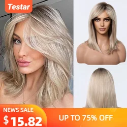 Medium Straight Synthetic Wig Light Golden Blonde Layered Wigs for Women Daily Cosplay Party Use Heat Resistant Fibre Fake Hair