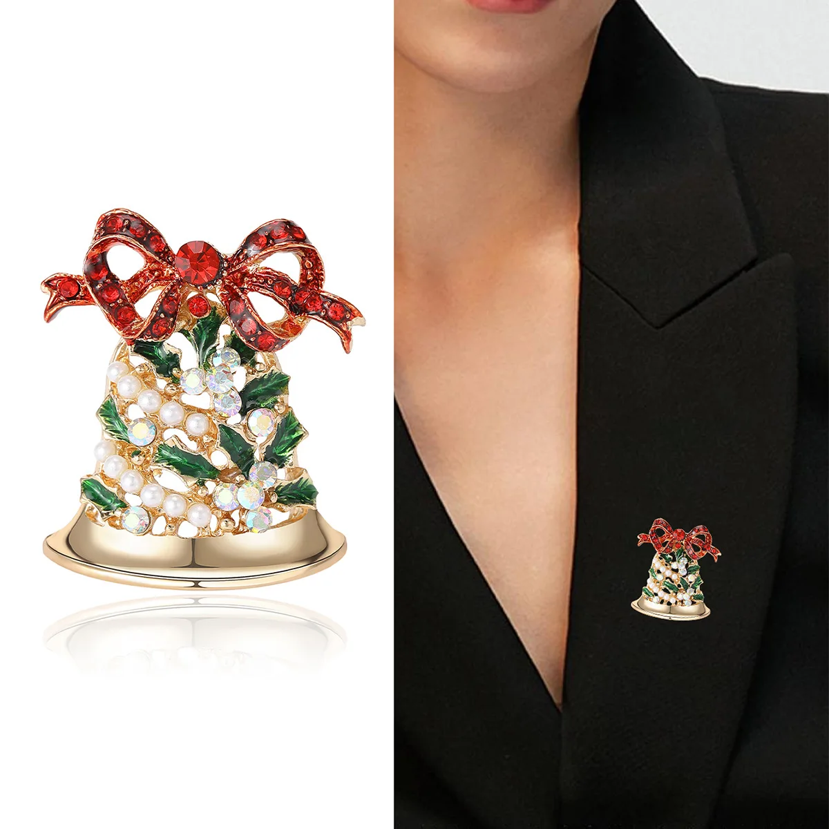 Christmas Bell Brooch Red Rhinestone Bow Faux Pearl Holly Leaf Enamel Lapel Pin Xmas Holiday Decoration Craft Gifts
