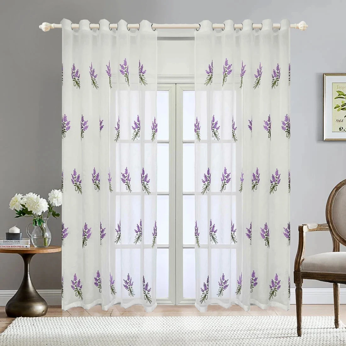 Cortinas de tul para sala de estar, visillo Pastoral americano bordado, púrpura, lavanda, blanco, Floral, transparente, gasa, sala de estar, 2