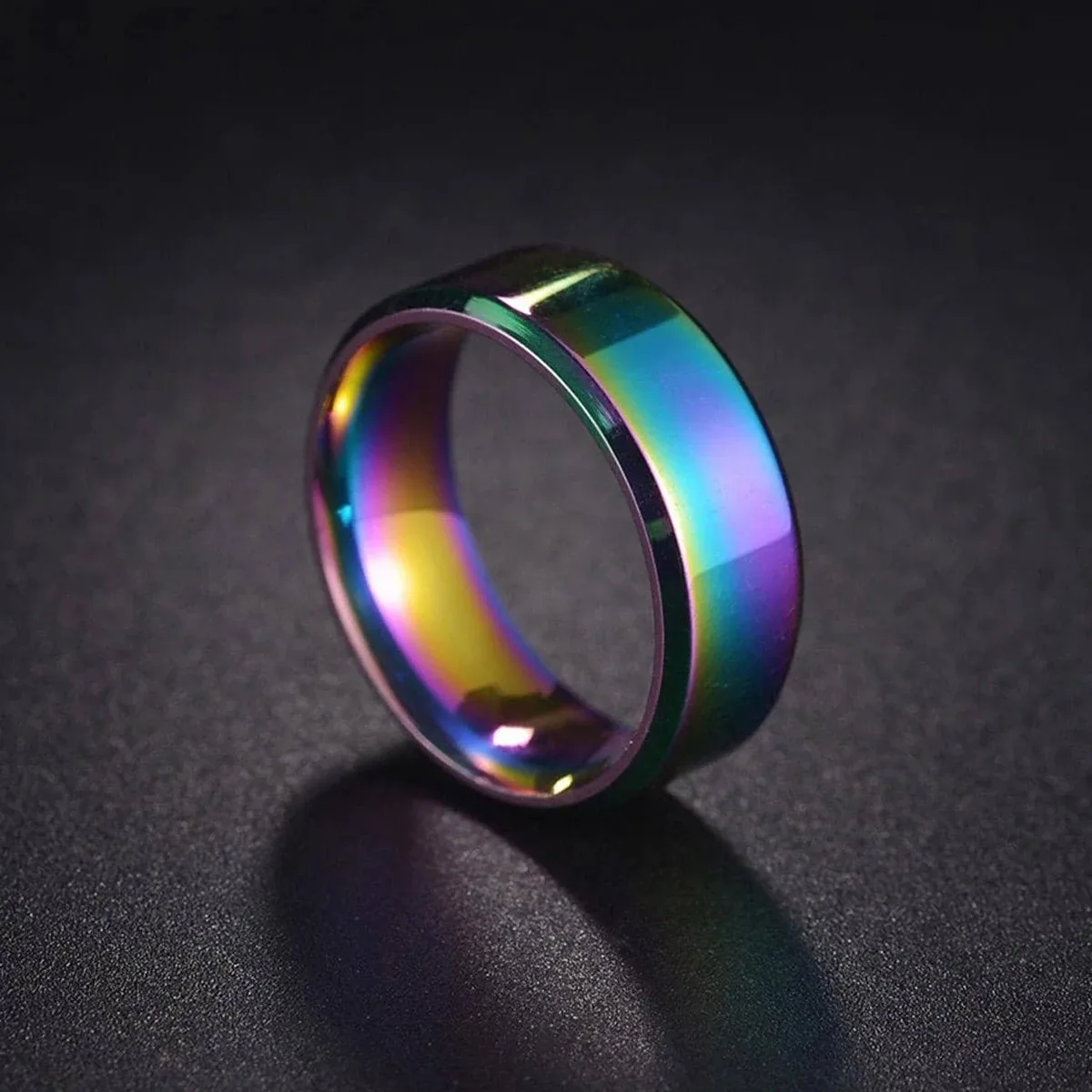 Simple 8mm Rainbow Stainless Steel Rings For Men Women Colorful Matte Finish Beveled Polished Edge Men Ring Wedding Band Jewelry