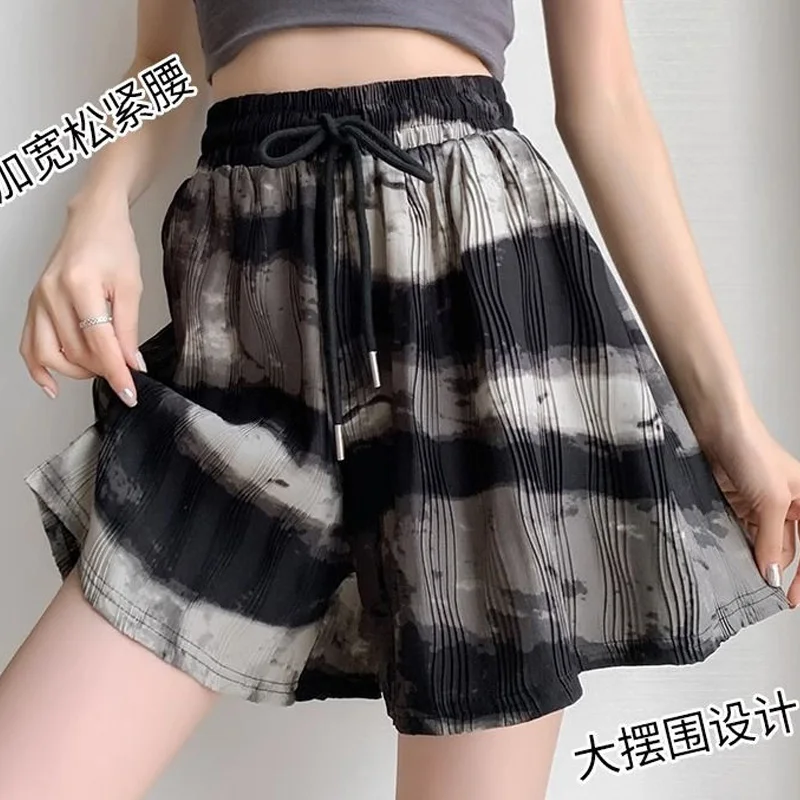 2024 New Tie Dye Casual Ladies Elastic Waist Lacing Wide Leg Pants Fashion Printing Straight Sports Trousers Summer Loose Shorts