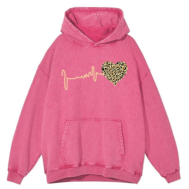

Fashion Women'S Washed Hoodie 90 'S Leopard Heart Beat Printed Tops Comfortable Cotton Oversize Pullover Vintage Couple Hoody