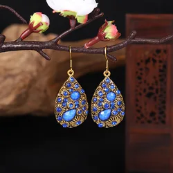 Ethnic Bohemian Vintage Crystal Rhinestone Acrylic Water Drop Dangle Earrings For Women Carved Antique Gold Color Boho Earrings