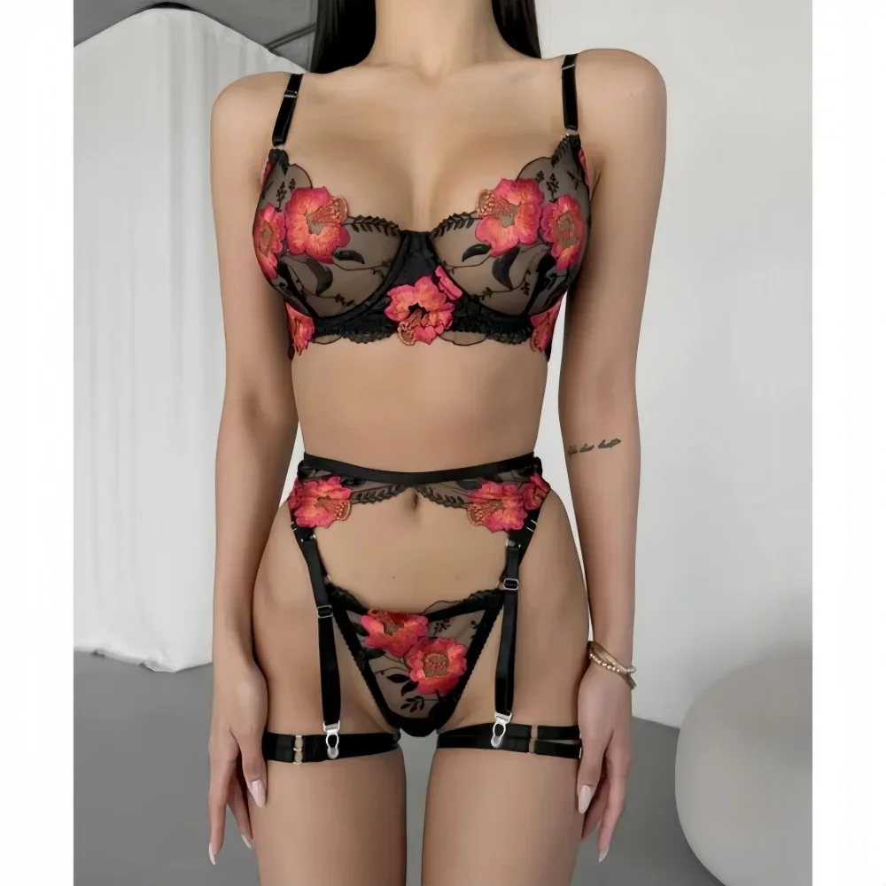 

Romantic Floral Embroidery Sexy Lingerie 4Pcs Sets Mesh See Through Bras And Thongs Garters Bra Set Fancy Erotic Intimate Outfit