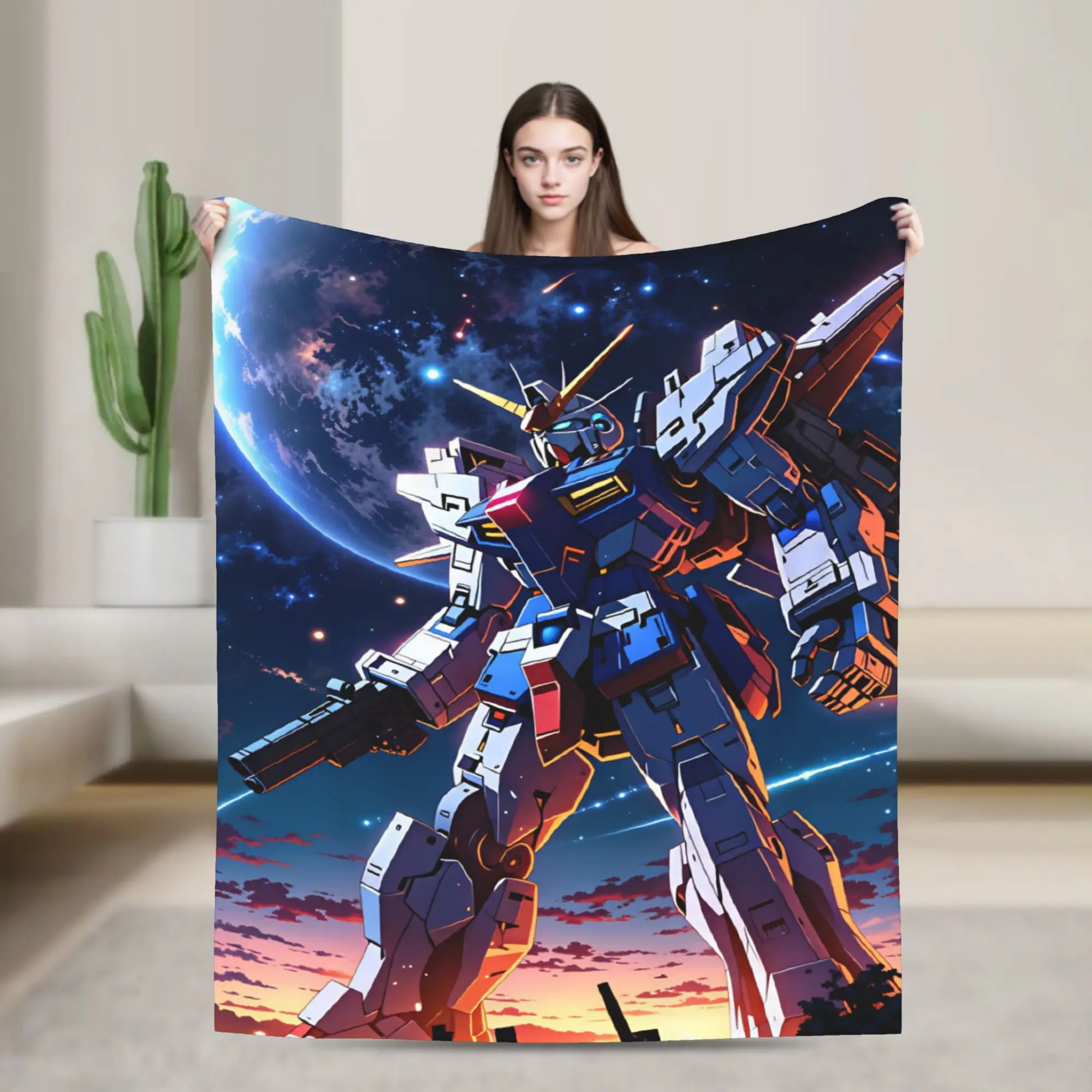 Mobile Suit Gundam Blanket  Warm Soft Pattern Plush Throw Blanket For Bedroom Travel Office Flannel Bedspread Bed Cover