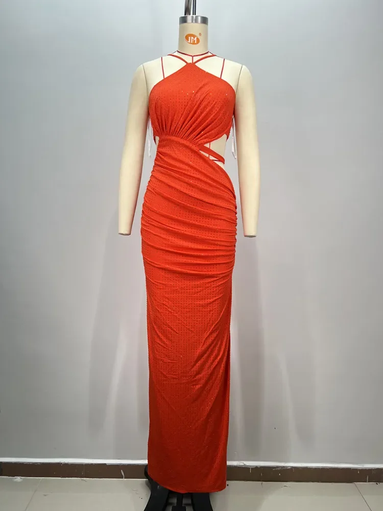 Sexy Sleeveless Cut Out Orange Rhinestone Maxi Long Bodycon Dress Women 2024 Elegant Gown Party Evening Stage Costume Vestido