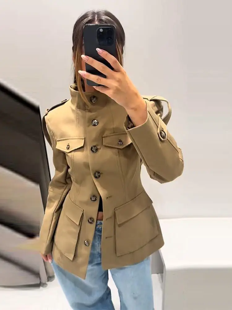 Pocket Stand Collar Long Sleeves Jacket Woman Single Breasted Solid Color Waist Cinching Jackets Versatile Women’s New Jackets 4 Pocket Stand Collar Long Sleeves Jacket Woman Single Breasted Solid Color Waist Cinching Jackets Versatile Women's New Jackets 4