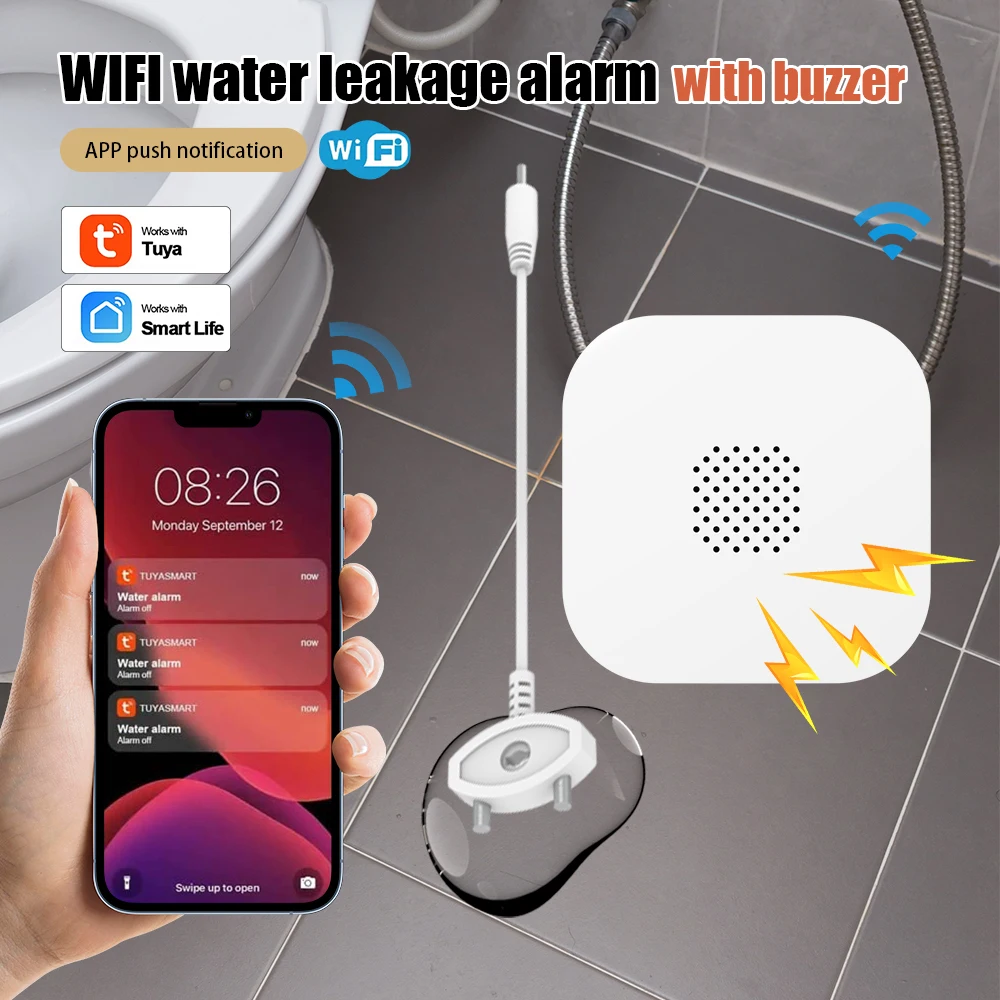 Tuya WiFi Smart Water Leak Sensor 80DB Sound and Light Alarm System Water Overflow Detector Flood Leakage Sensor Remote Monitor