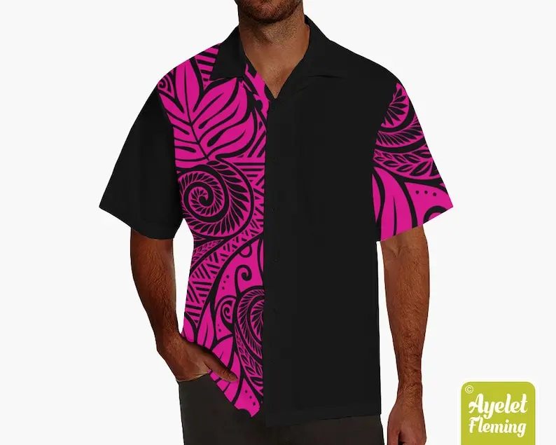 

Пляжные рубашки с принтом в стиле маори для мужчин, бежевые и черные, с полинезийским узором, с коротким рукавом, на пуговицах, гавайские рубашки, рубашки в стиле алоха