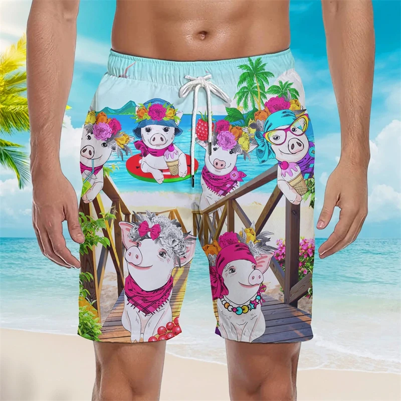 Mucche polli pecore e maiali pantaloni corti stampati in 3D Streetwear pantaloncini da spiaggia Sport costumi da bagno Casual pantaloni uomo abbigliamento per bambini