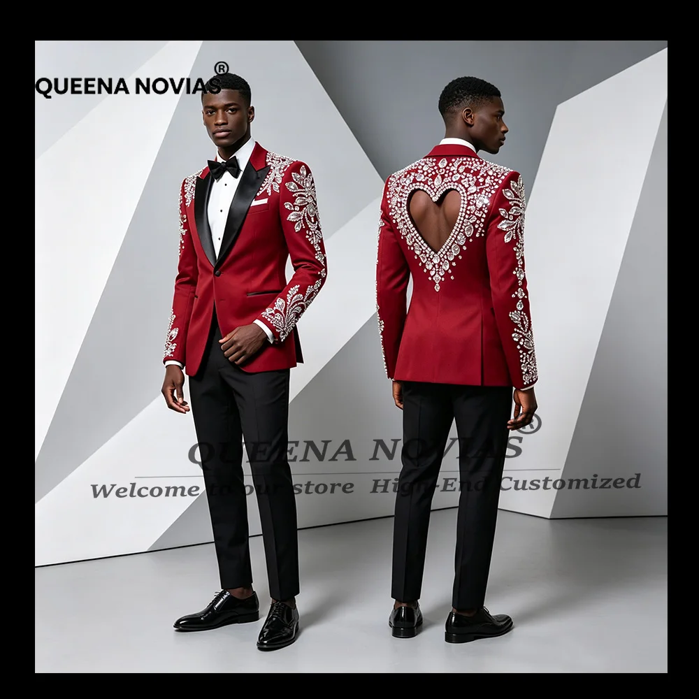 Exclusive Wedding Groom Tuxedos Customized Hollow-out Back Jacket Pants 2 Pieces Sets Rhinestone Crystals Suits Men Slim Fit