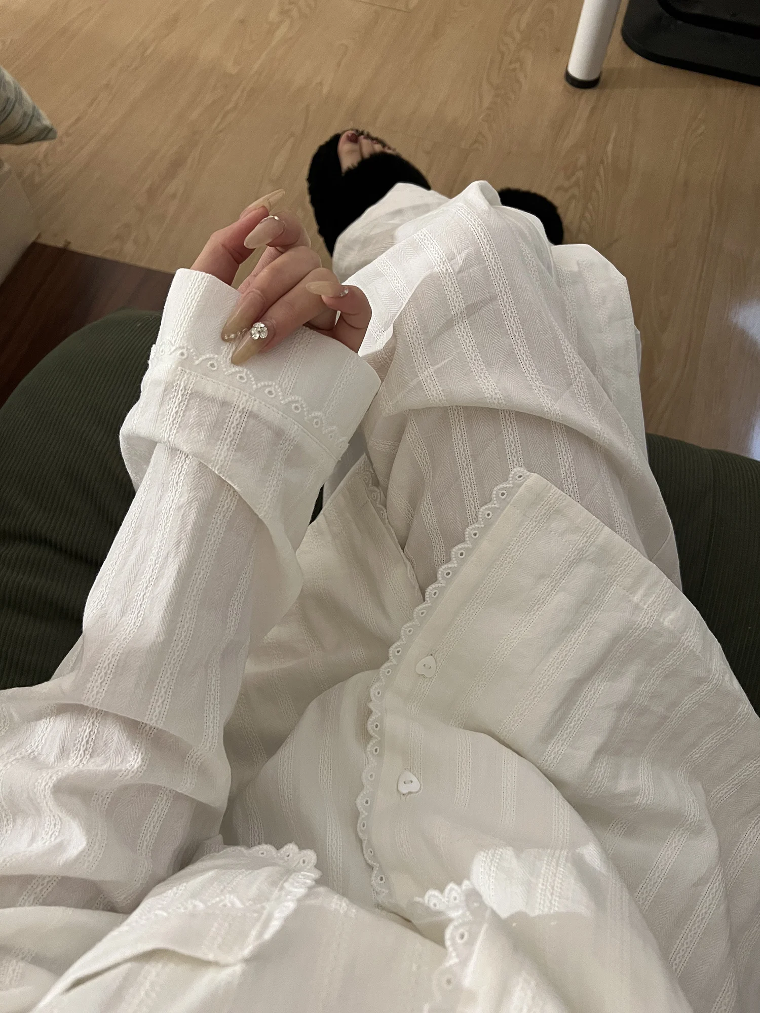 甘いレースの純綿ガーゼ長袖パジャマ女性の快適な肌に優しいホーム服屋外着用可能セット 1