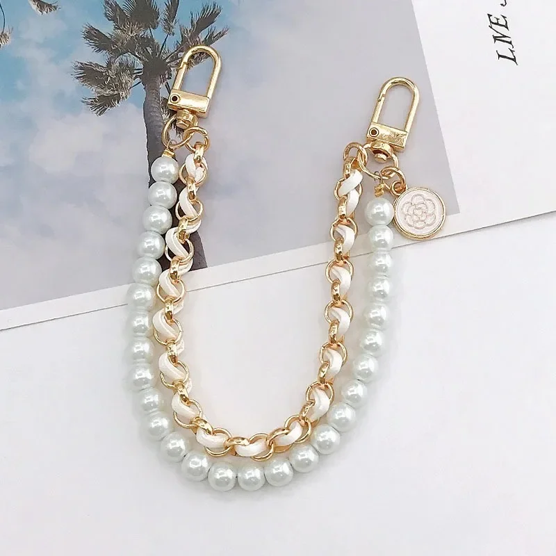 Korean Mobile Phone Leather Pearl Camellia Bracelet Chain For iPhone 14 13 12 Pro Max Samsung Flip 3 4 Anti-loss Hand Rope