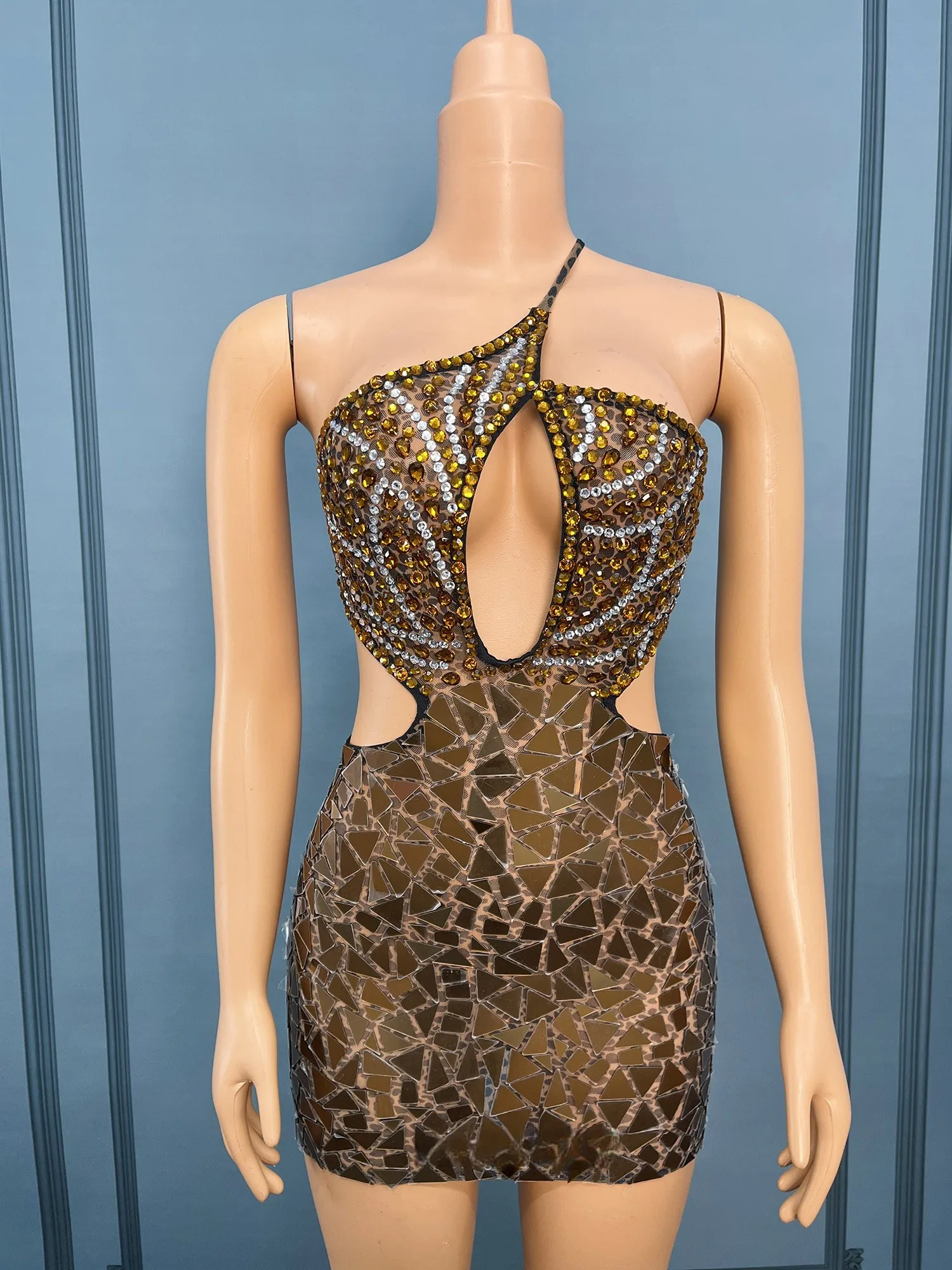 

Women Sexy Daring Dress One Shoulder Cut Out Diamonds Plexiglass Petal Stick Mesh Bodycon Mini High Stretchable Showgirl Dress