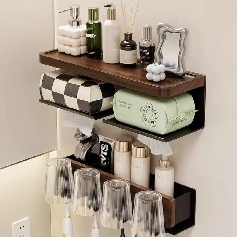 Solid Walnut Wood Bathroom Tissue Box, Wall Mount Roll Dispenser with Storage Shelf, No Drill Adhesive & Screw Dual Mount