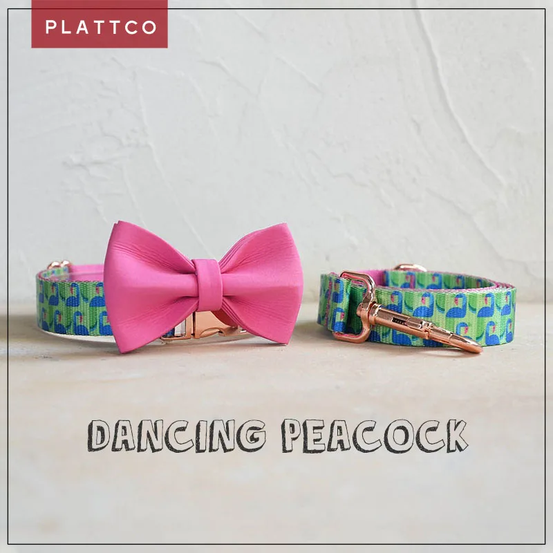 PLATTCO unique design dog set print DANCING PEACOCK pattern with high-quality rose gold buckle 5 size PDC314RG&PDL314RG&PBT017