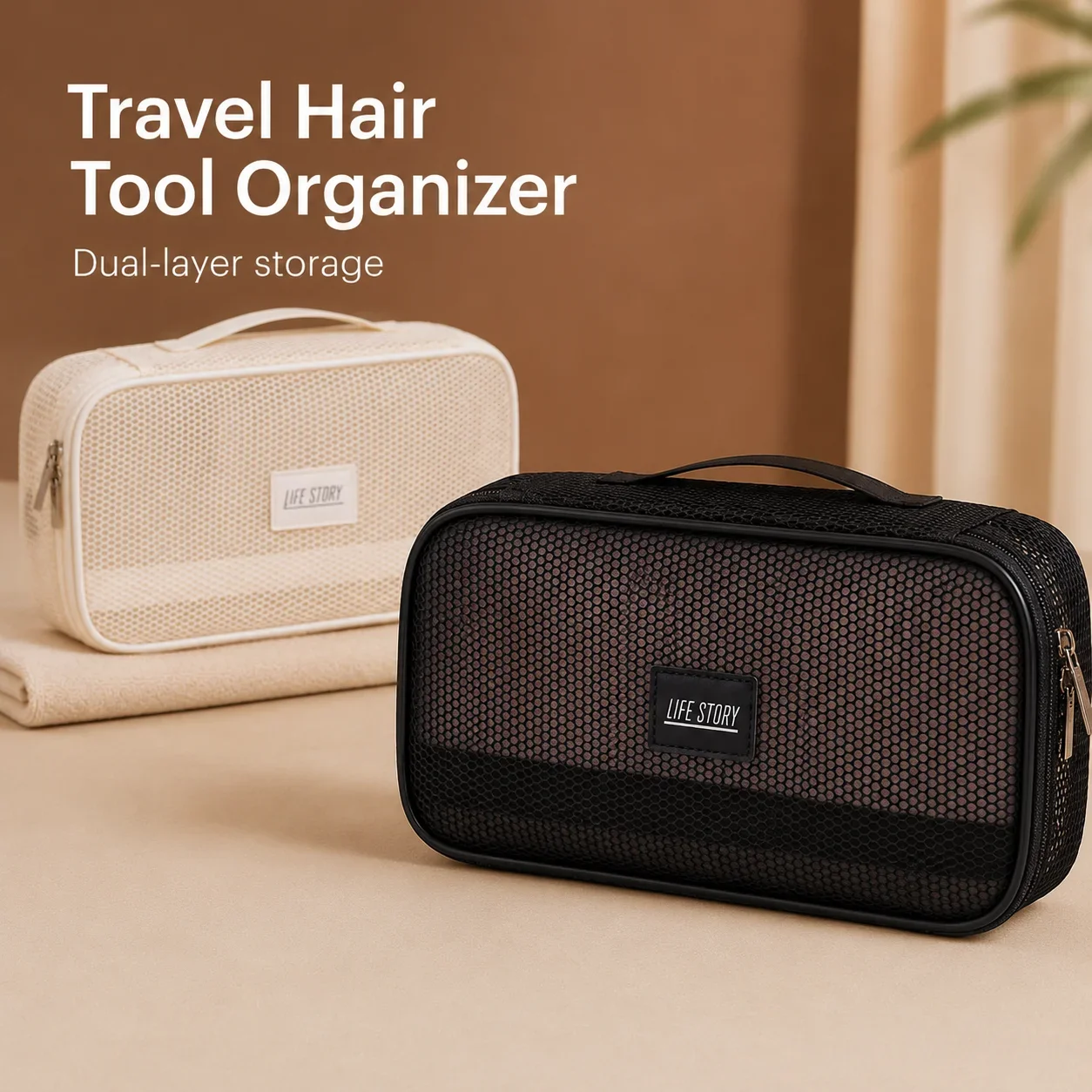 Travel Hair Tool Organizer Mesh Storage Bag Dual Layer Hair Dryer Case for Straightener Curling Iron Toiletry Makeup Cable Items