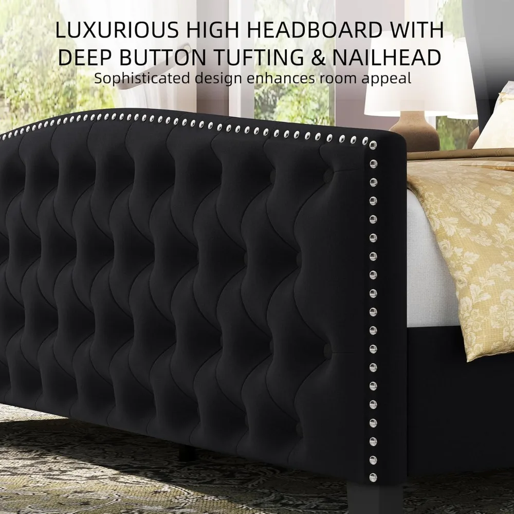 إطار سرير منجد بحجم كينغ، إطار سرير بمنصة معنقدة باللون الأسود المخملي مع لوح أمامي ولوح قدم مجنح، مع زر عميق معنقدة #4