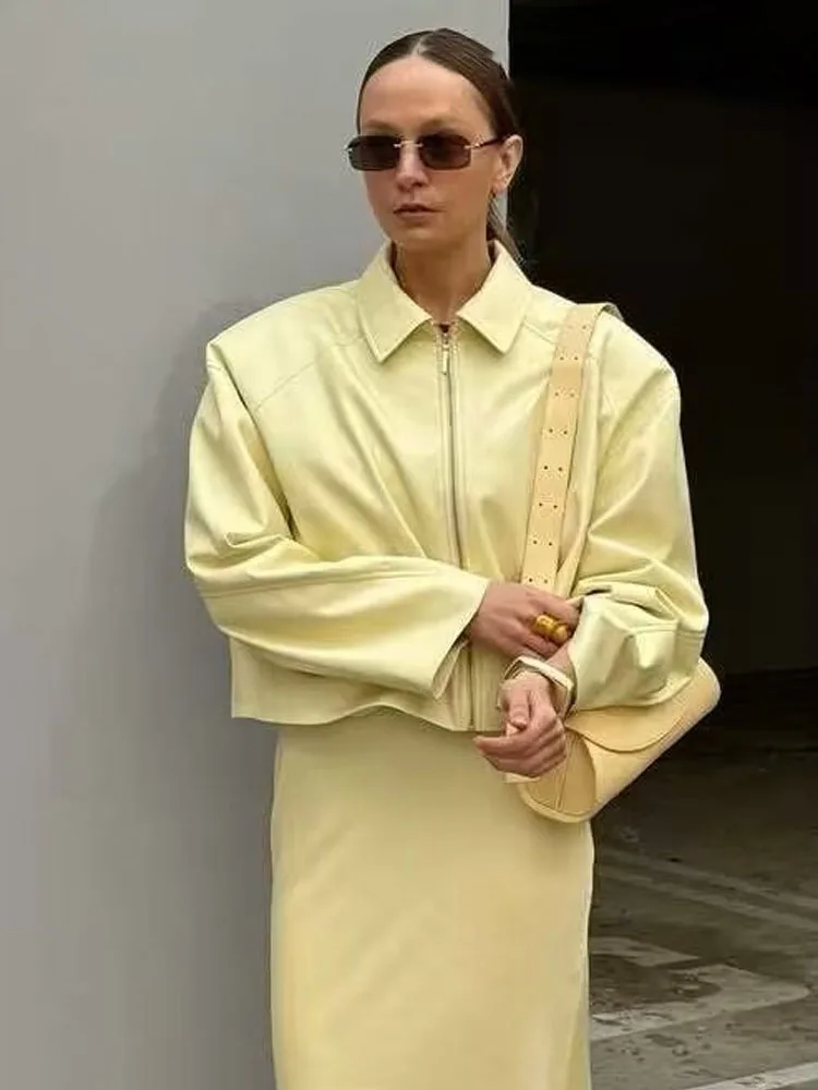 

HH Female Autumn Fashion Coats Solid Y2K Causal Outerwear Turn Down Collar Zipper Long Sleeves Vintage PU Leather Jackets