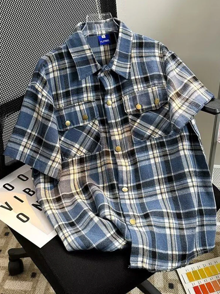 

Zoki Y2K Plaid Cargo Shirt Women Loose Vintage Summer Short Sleeve Pockets Blouse American Harajuku Retro Casual Streetwear Tops