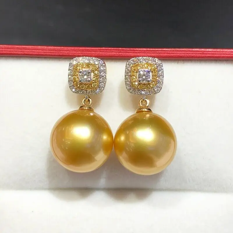 

HUGE AAAAA 10-11mm Real South Sea ROUND Natural Golden Pearl Earring 925S