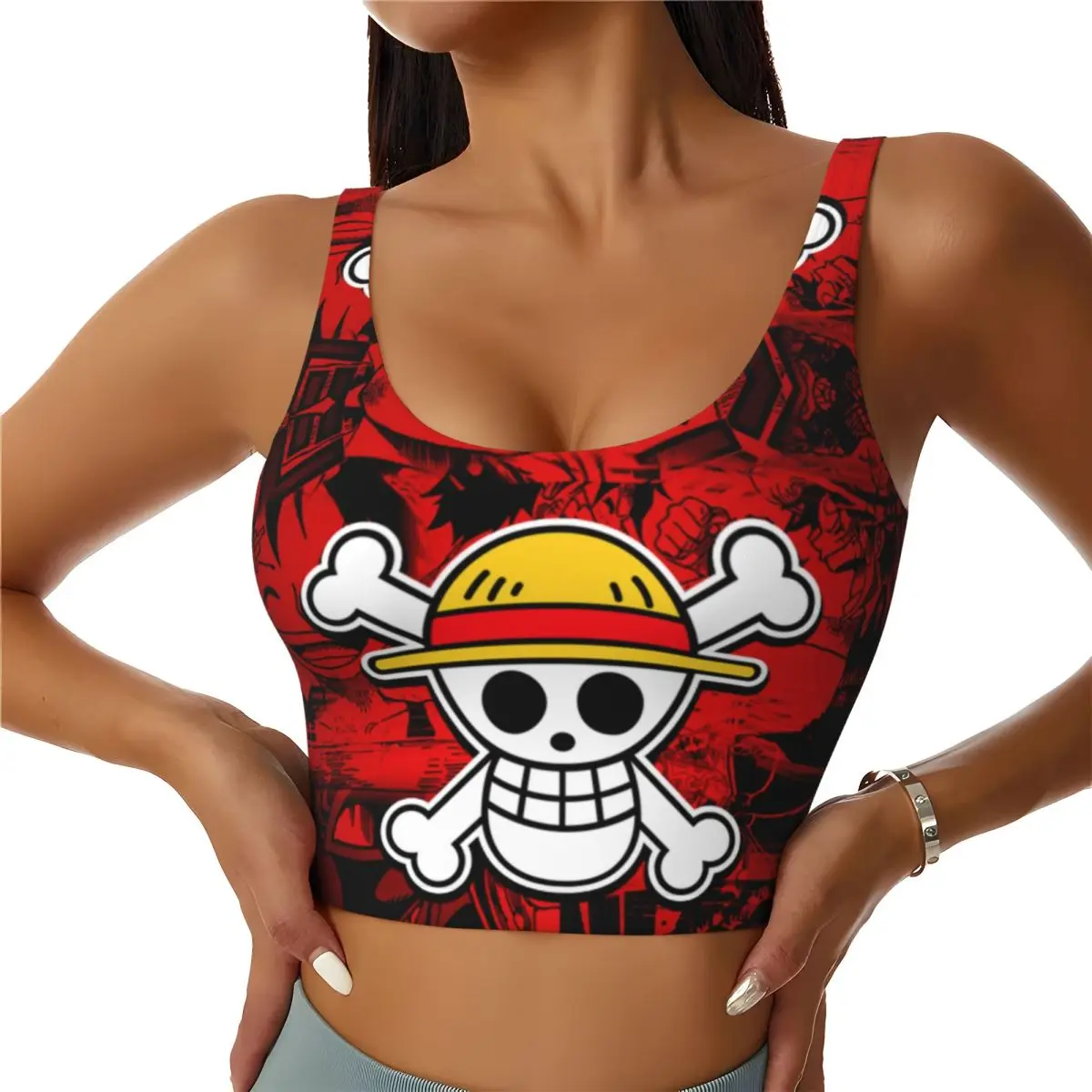 

Custom One Piece Straw Hat Pirates Skull Sports Bra Women's Anime Manga High Impact Workout Yoga Crop Top