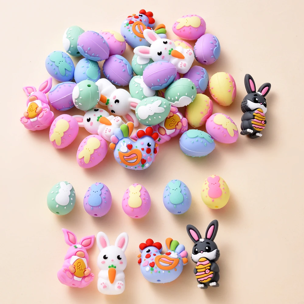 3Pcs Silicone Beads Rabbit&Chicken Styling Food Grade for DIY Baby Pacifier Chains, Teether Bracelets Necklace Accessories