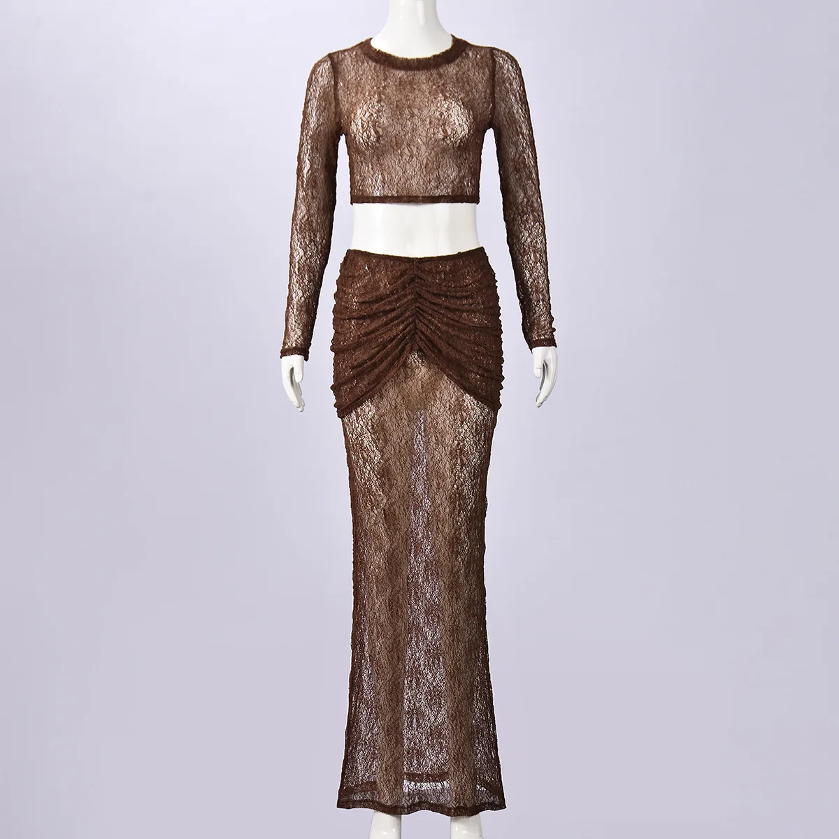 AliExpress, hot-selling 2025  new product, sexy open-button perspective European and American lace crew neck suit for women