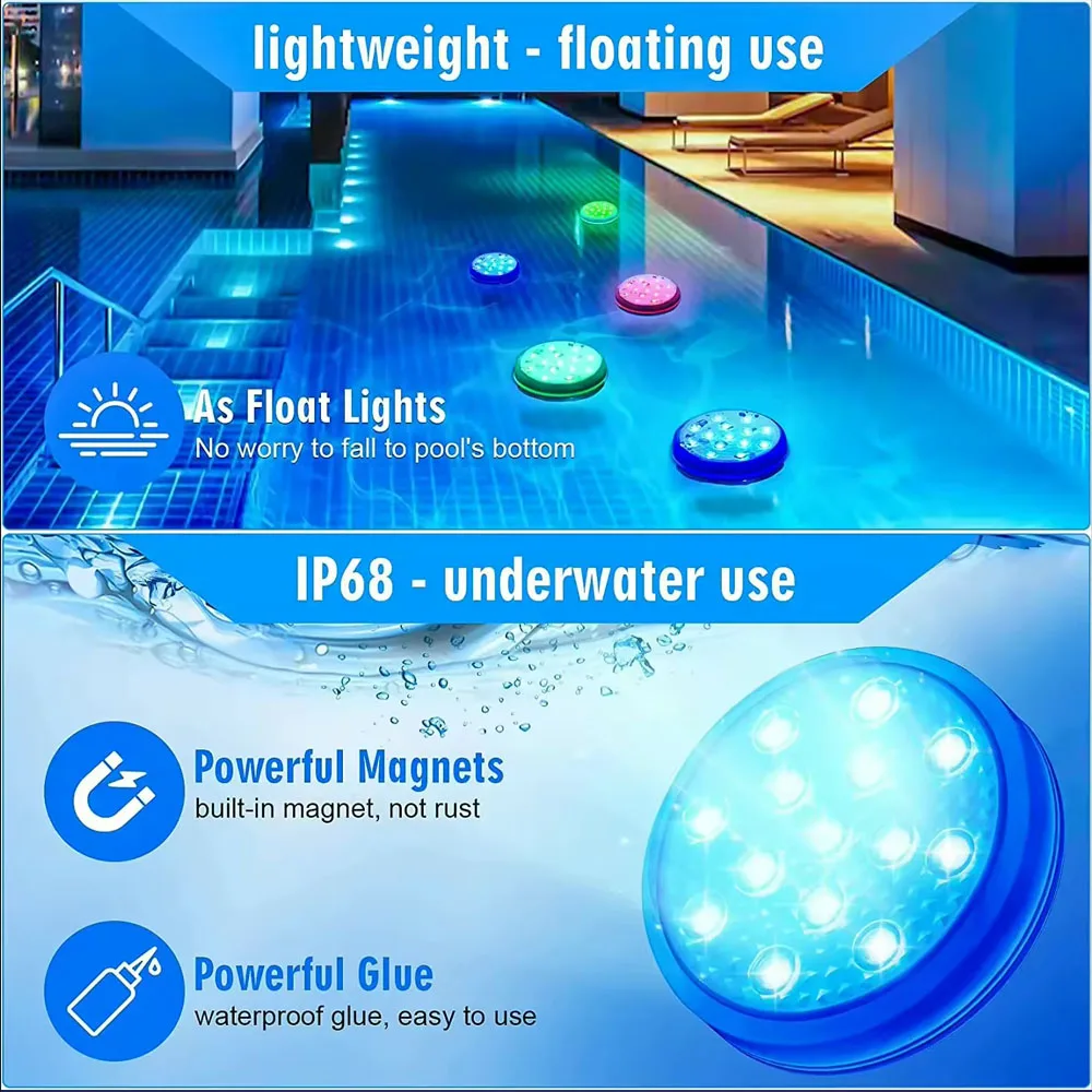 Imagem -03 - Luzes de Piscina Submersíveis Recarregáveis com Controle Remoto Ip68 Luzes Impermeáveis para Piscinas Acima do Solo Inground Banheira Subaquática