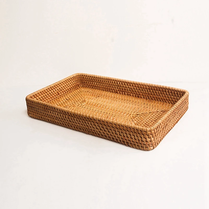 5X Hand-Woven Storage Basket Rattan Storage Tray Wicker Baskets Bread Fruit Food Breakfast Display Box Home Decoration-C