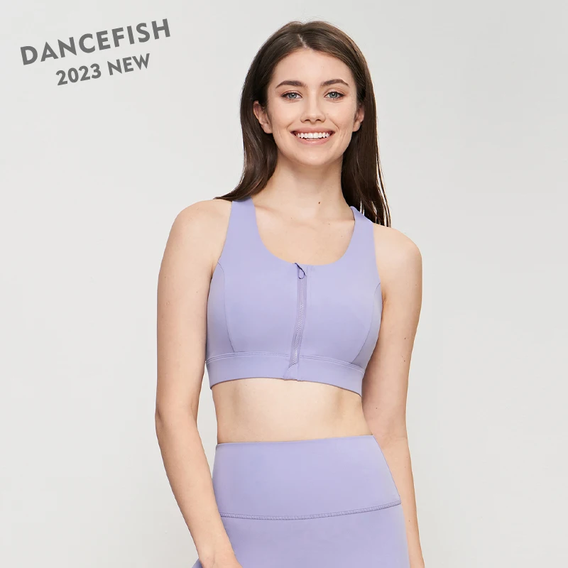 DANCEFISH 2023 New Women Front Zipper Back Mesh Top Semi-Fixed Pads Medium Intensity  Gym Training Jogging Riding Yoga Bras