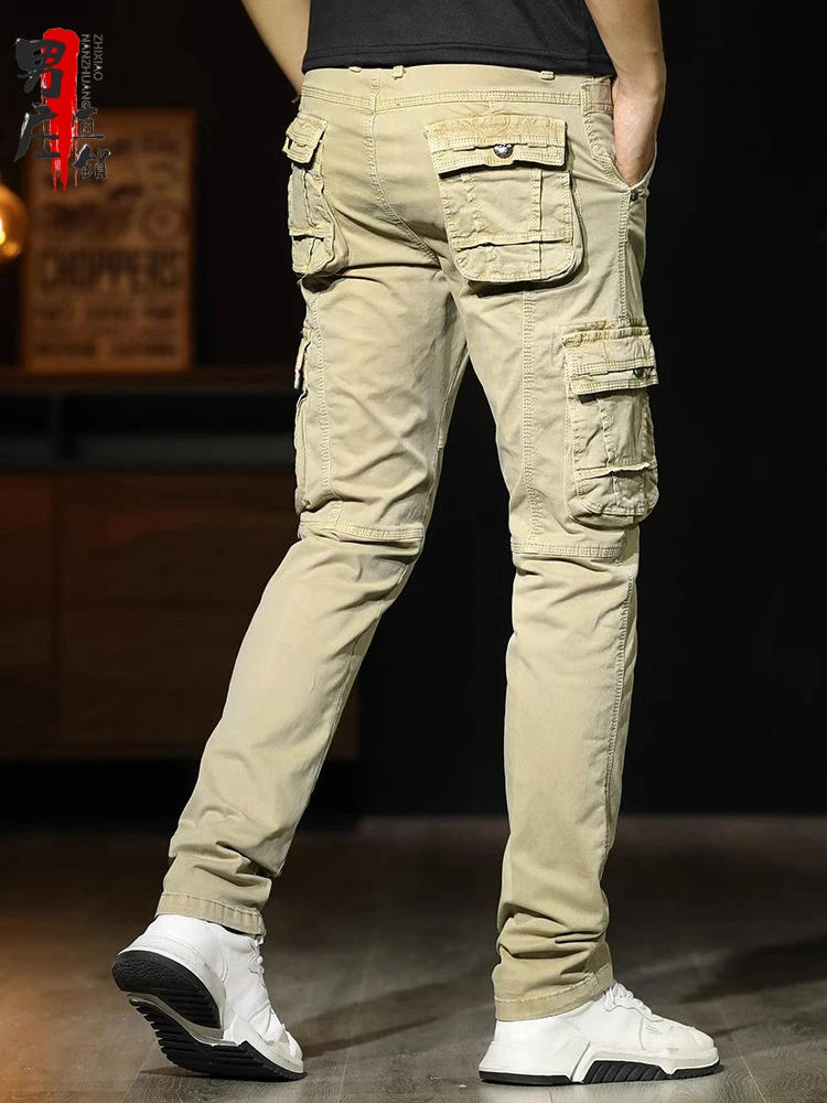 

Slim Fit Men's Khaki Casual Pants Faionable Multi-ket Straight Leg Long Trousers Stretchy Workwear Trendy Summer Wear