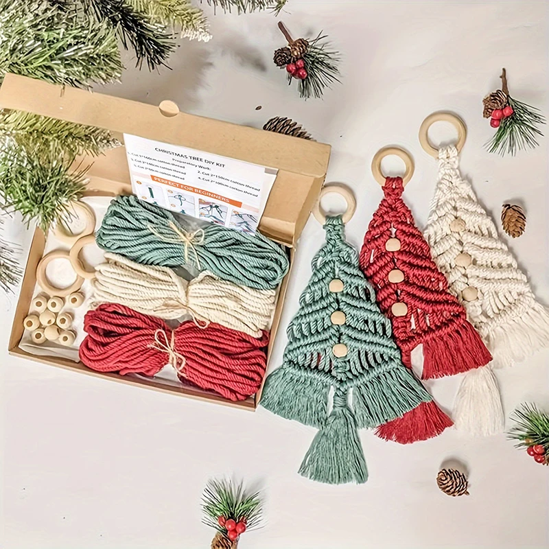 3PCS/Set DIY Macrame Woven Christmas Tree Kit Cotton Cord Macrame Wall Hangings Decor Xmas Tree Fireplace Christmas Craft Gift