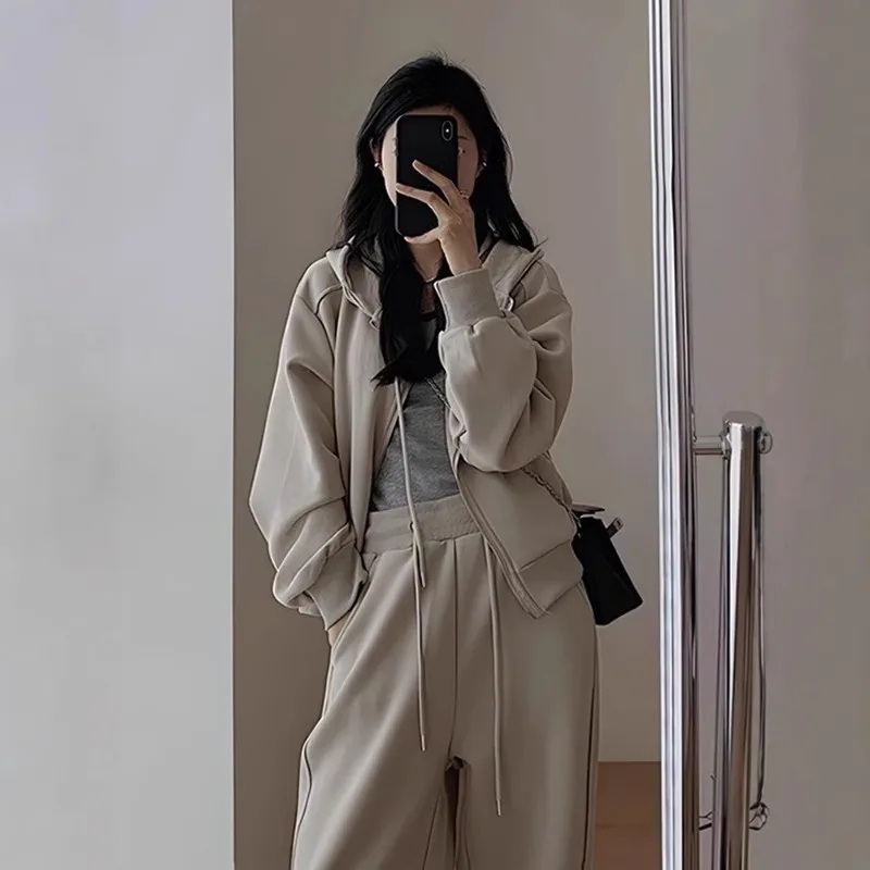 

Autumn Casual Sports Fashion Suit Women's Korean Hooded Zipper Sweater Coat Trouser Wide-leg Pants Two-piece Set