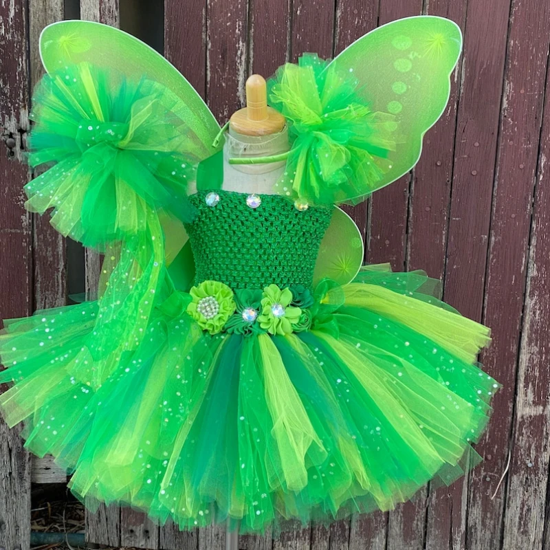 Sparkly Shade of Green and White Fairy Tutu Dress Blue Girls Clothes for Halloween Party Fairy Tutu Dress with Wings Birthday