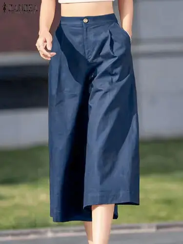 Imagen 2 del producto ZANZEA, pantalones largos rectos para mujer, pantalones coreanos de cintura alta, pantalones cortos de pierna ancha holgados informales, pantalones para vacaciones de verano 2024
