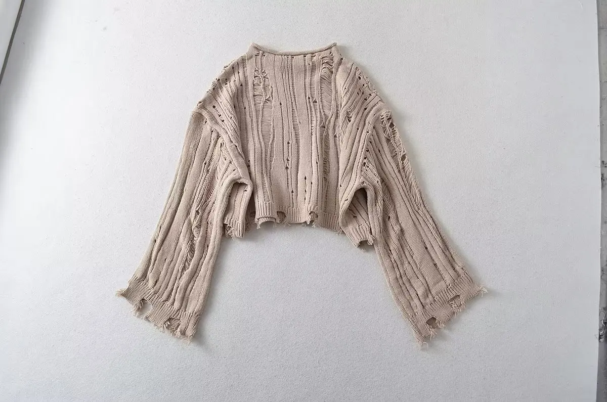 Withered French Country Style Retro Hollow Knit Cropped Top Casual Knitted Bell Sleeves Loose Sweater Women