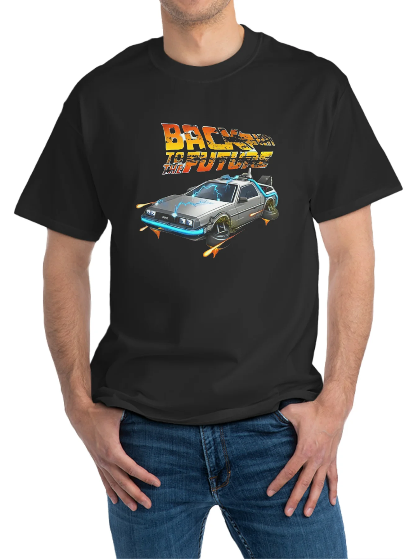 

[Back to the Future Tee] Vibrant Car Design Men's Graphic Tee - Casual Black Cotton Short Sleeve Round Neck T-Shirt,
