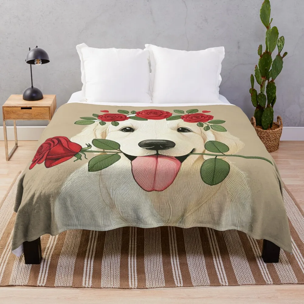 Golden Retriever Giving a Red Rose Throw Blanket Retros valentine gift ideas Blankets