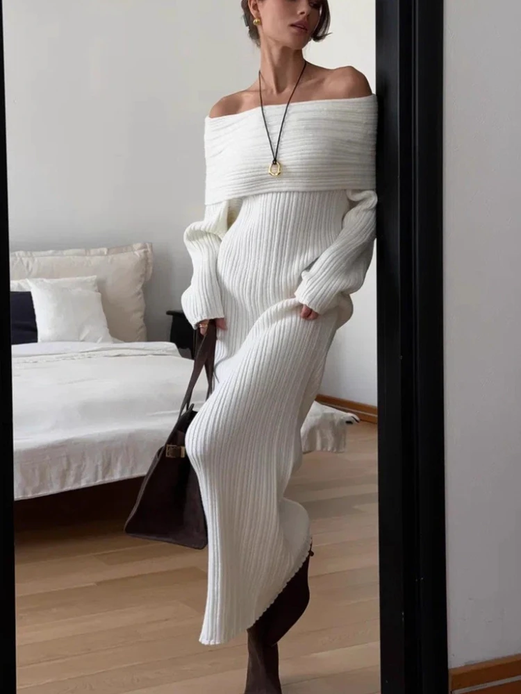 

Tossy Elegant Slash Neck Knit Maxi Dress Backless Long Sleeves Wrinkles High Waist Commute Party Dress Women's Knit Maxi Dress
