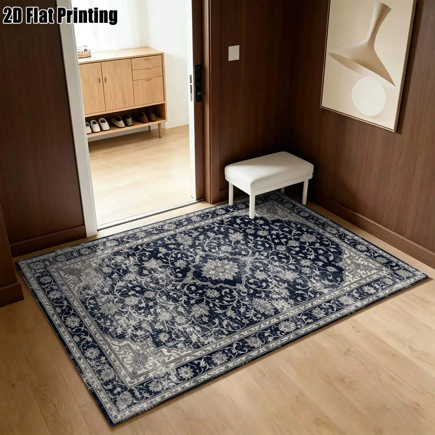 1Pc 2D Printed Retro Blue Brown Geometric Floral Carpet: European Style Home Decor Rug, Multi-Size, Machine Washable, Multi-Scene Use